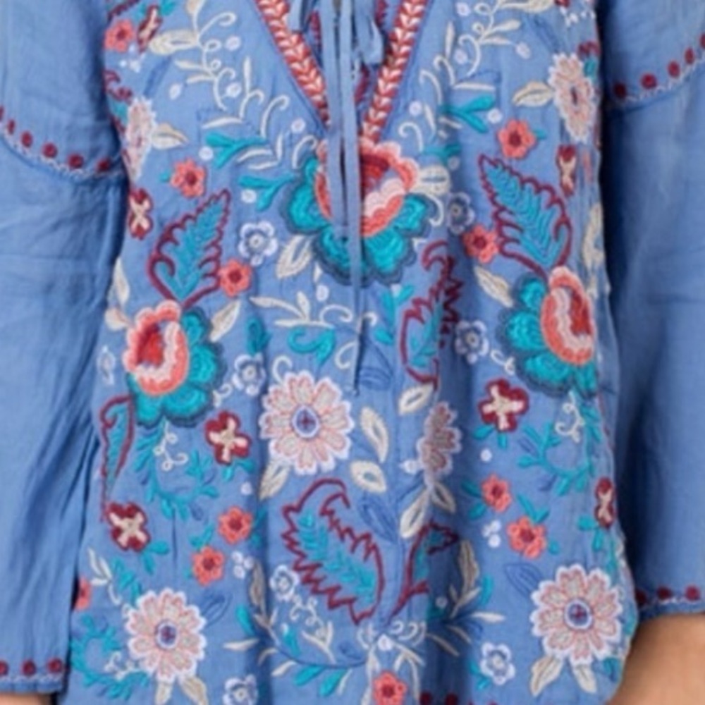 Johnny Was Oman Laceup Swing Blouse Embroidered Blue v neck small Top - Picture 5 of 13